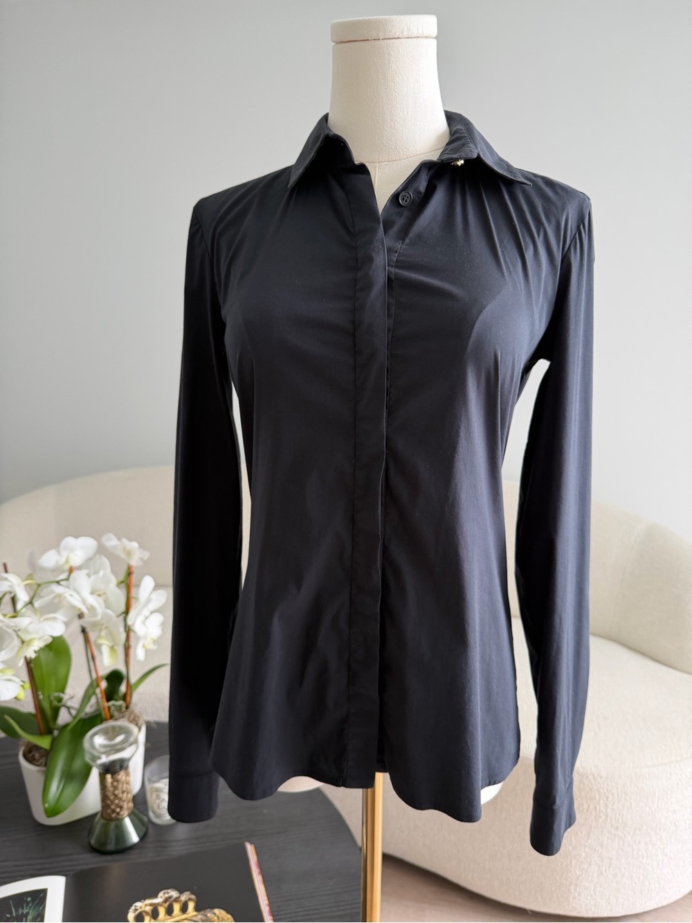 Versace Black Stretch Button Front Blouse Long Sleeve IT 38 Made in Italy - Picture 6 of 15